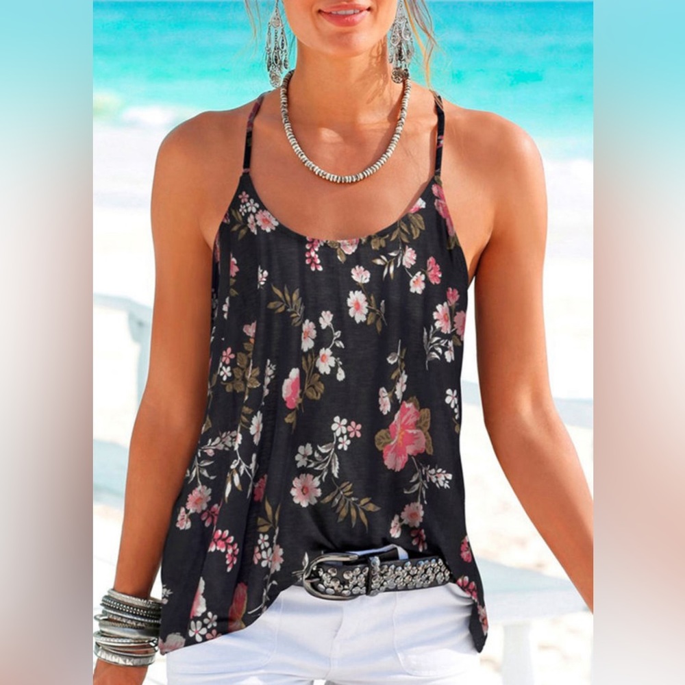 FLORAL SPAGHETTI STRAP TOP WITH STRAPPY BACK PATTERN